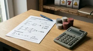 Rechenblatt mit Spielchips und neutralen Symbolen für Umsatzanforderung und Spielebeitrag