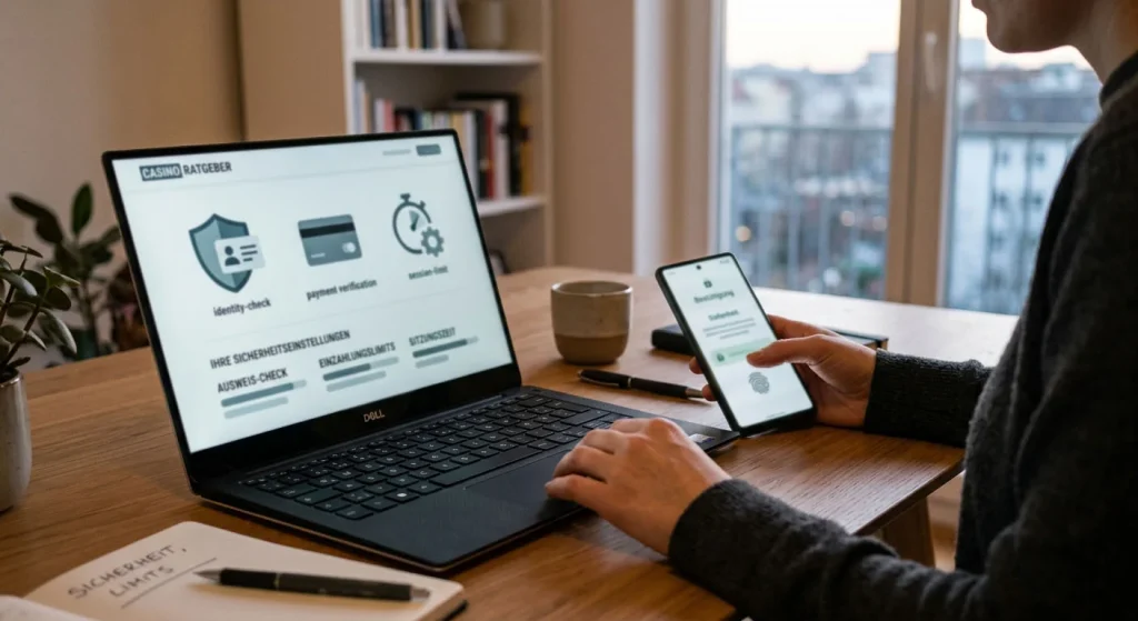 Laptop und Mobiltelefon auf einem Schreibtisch neben Schloss-Symbol und Reglern für Kontoschutz