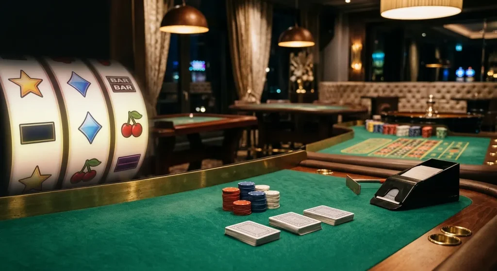 Abstrakte Casino-Szene mit Spielautomaten, Kartentisch und Live-Studio-Licht