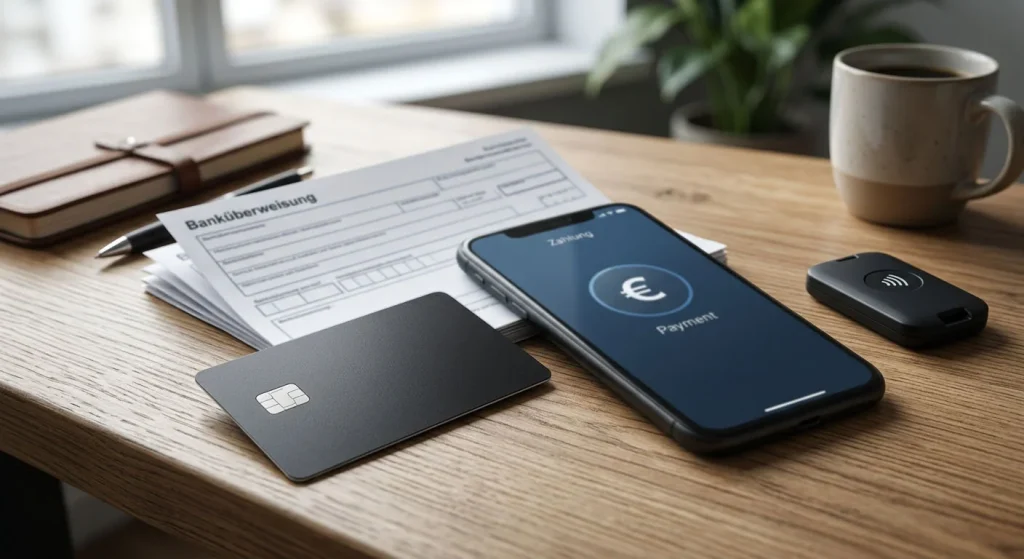 Bankkarte, Smartphone und digitale Geldbörse als Symbole für Fiat-Zahlungswege